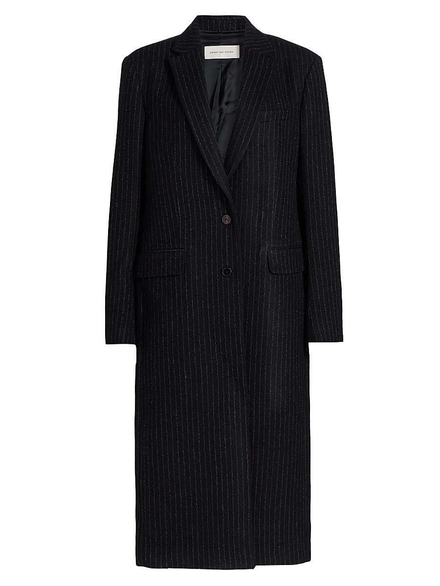 Women's PinstripedWool Single-Breasted Coat - Navy - Size 12