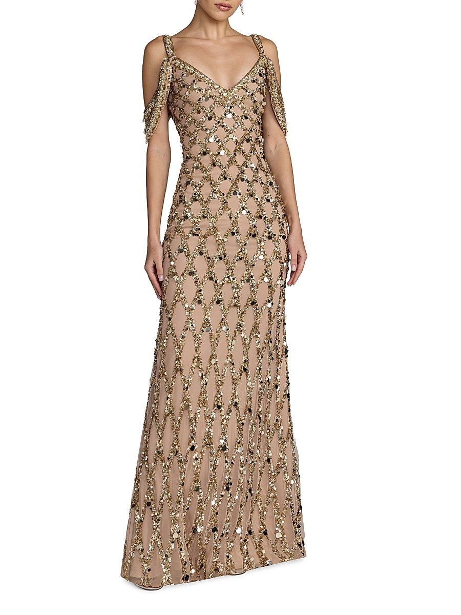 Women's Beaded Mesh Off-The-Shoulder Column Gown - Gold - Size 10