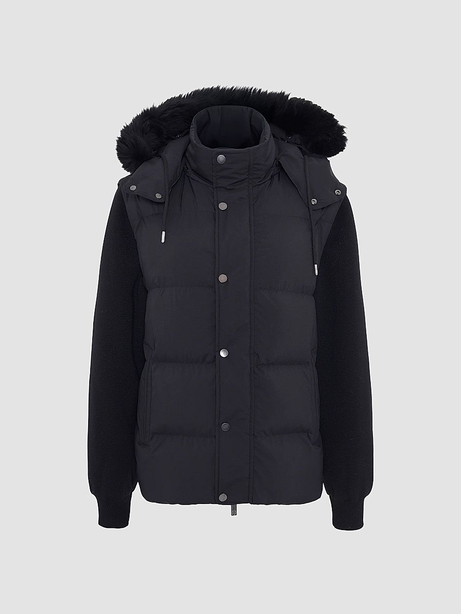 Gorski Men's Quilted Down Bomber Jacket with Detachable Sleeves and Shearling Hood - Black - Size XXL