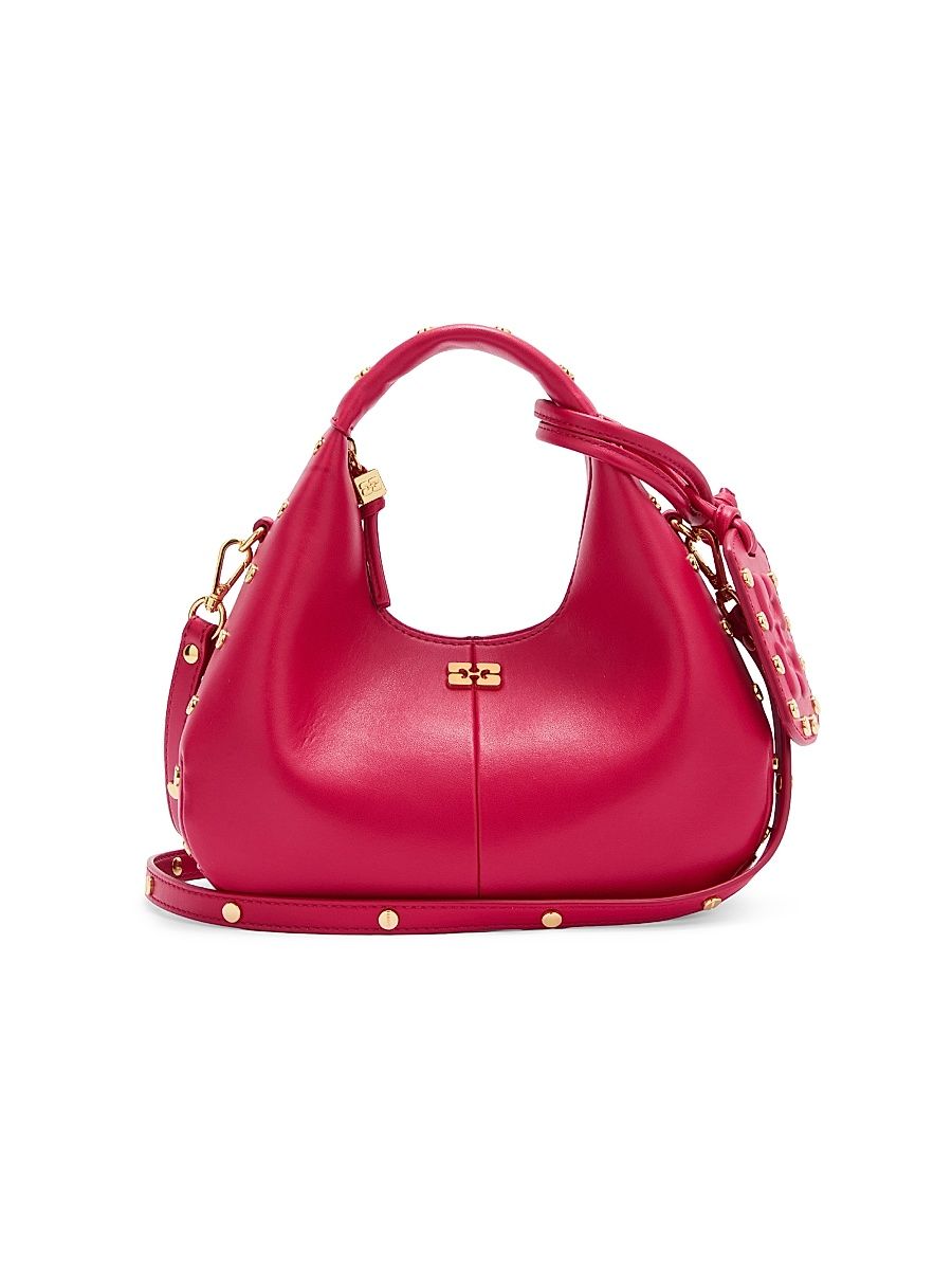 Women's Mini Studded Leather Hobo Bag - Dark Red