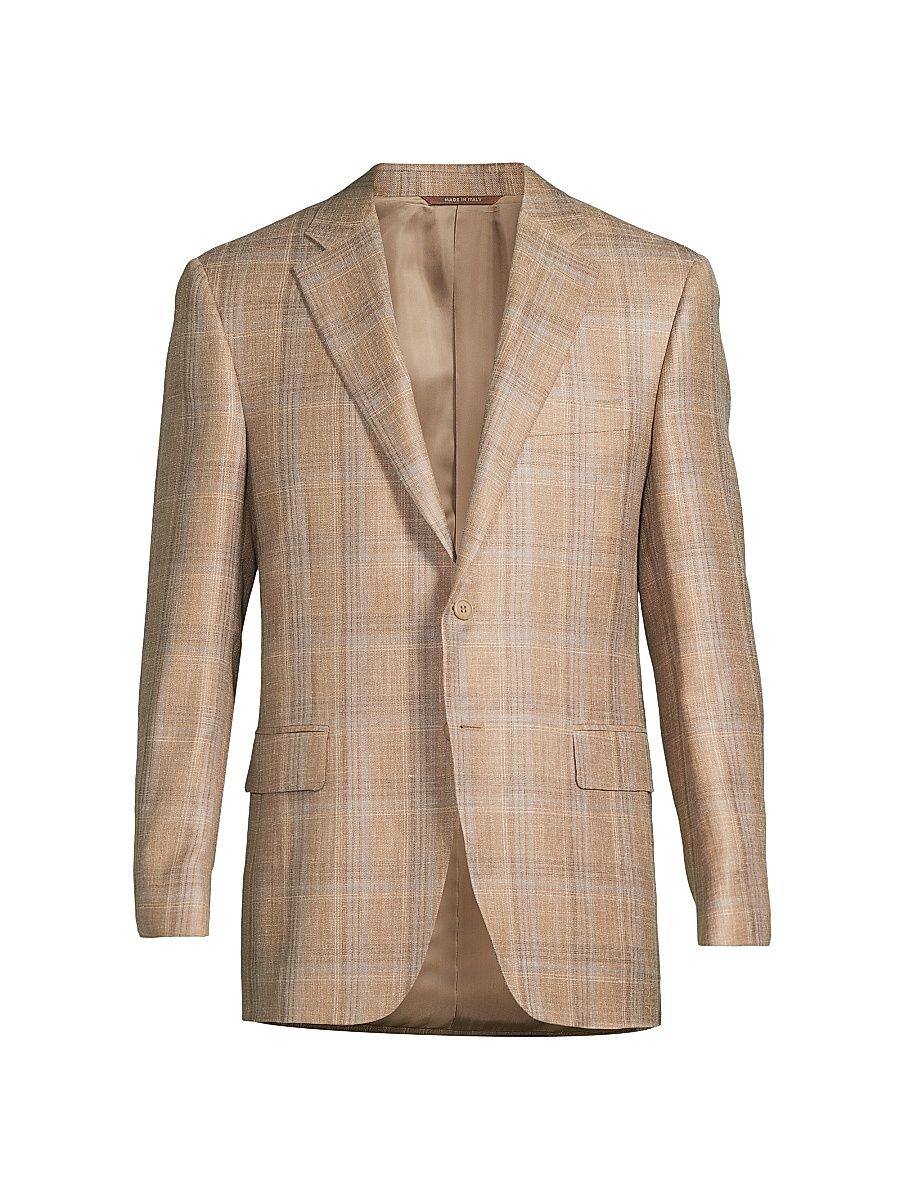 Men's Plaid Wool-Silk-Linen Classic-Fit Sportcoat - Tan - Size 42