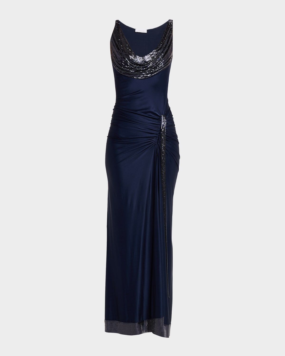 Cowl-Neck Chainmail-Embellished Satin Dress