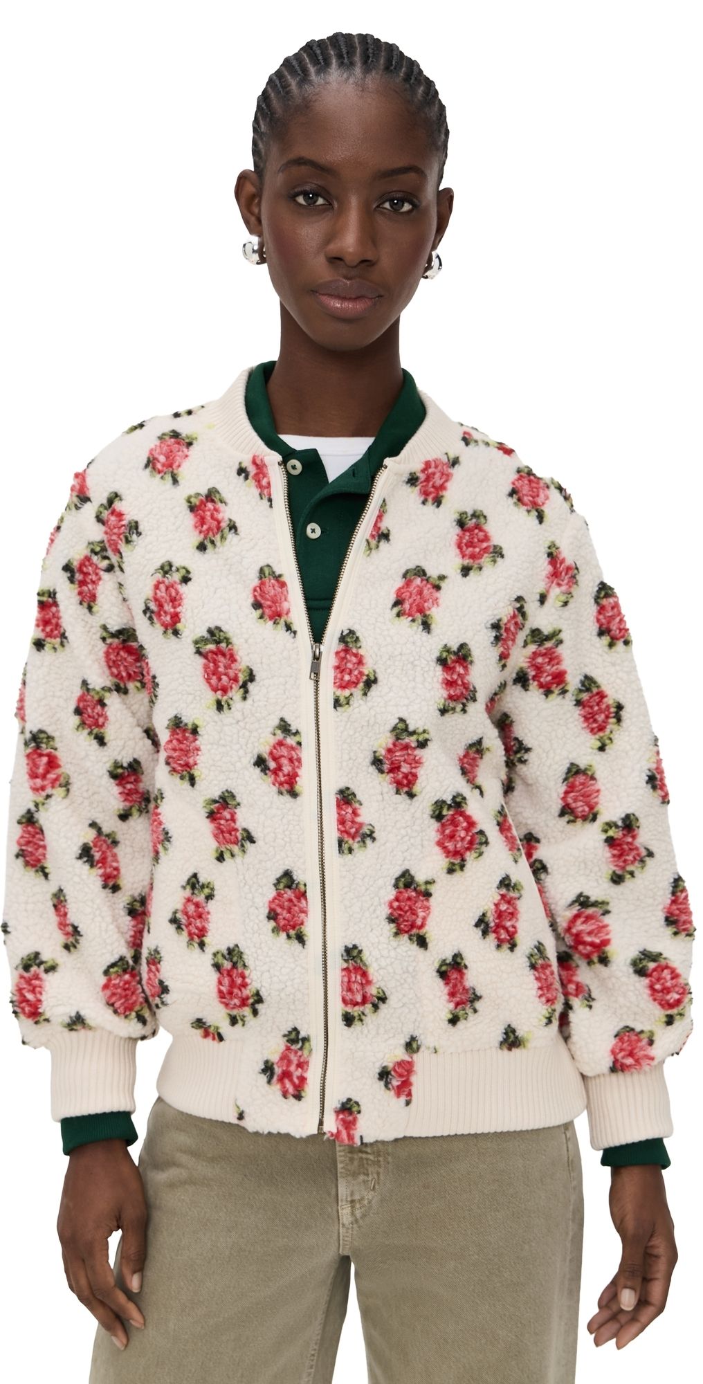 THE GREAT. The Zip Front Plush Bomber Jacket Cream Rose 1