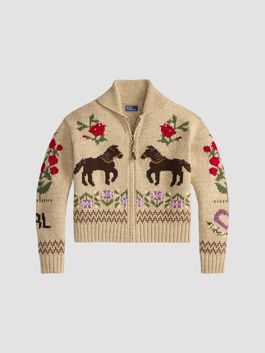 Polo Ralph Lauren Women's Intarsa-Knit Cotton-Wool Shawl Cardigan - Tan Multi - Size Large