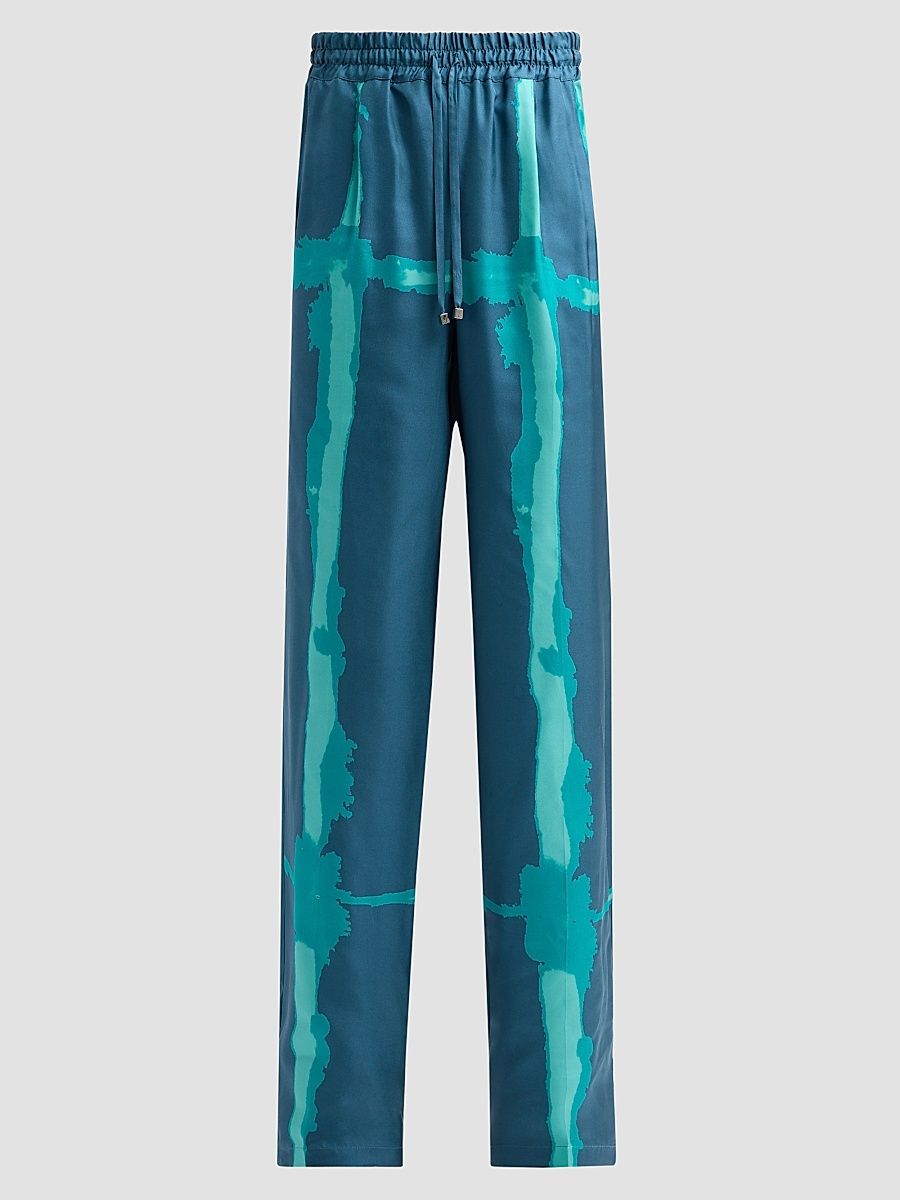 Women's Abstract-Print Silk Drawstring Pants - Petroleum Green - Size 8