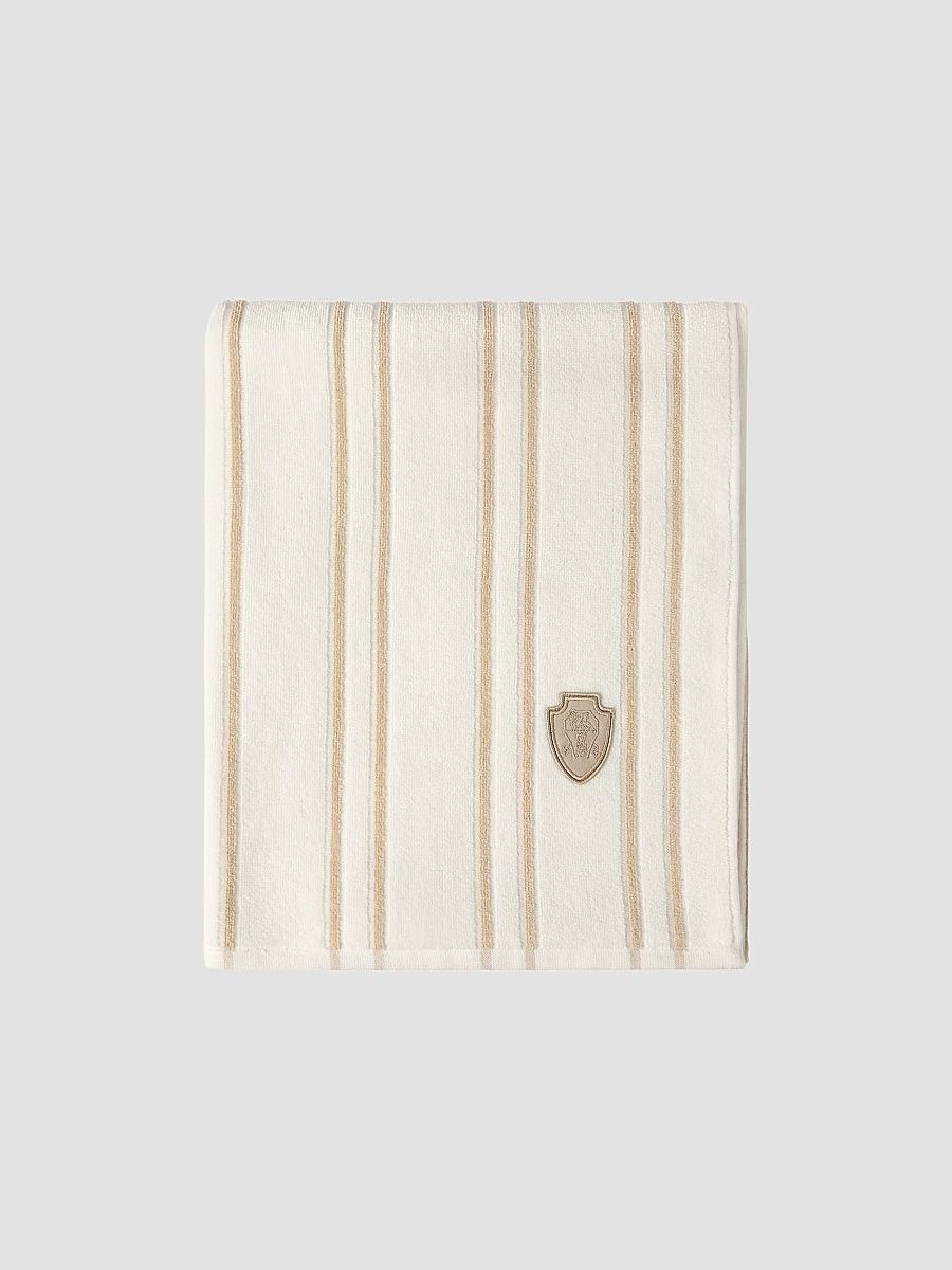 Striped Cotton Terrycloth Towel with Logo - Ivory