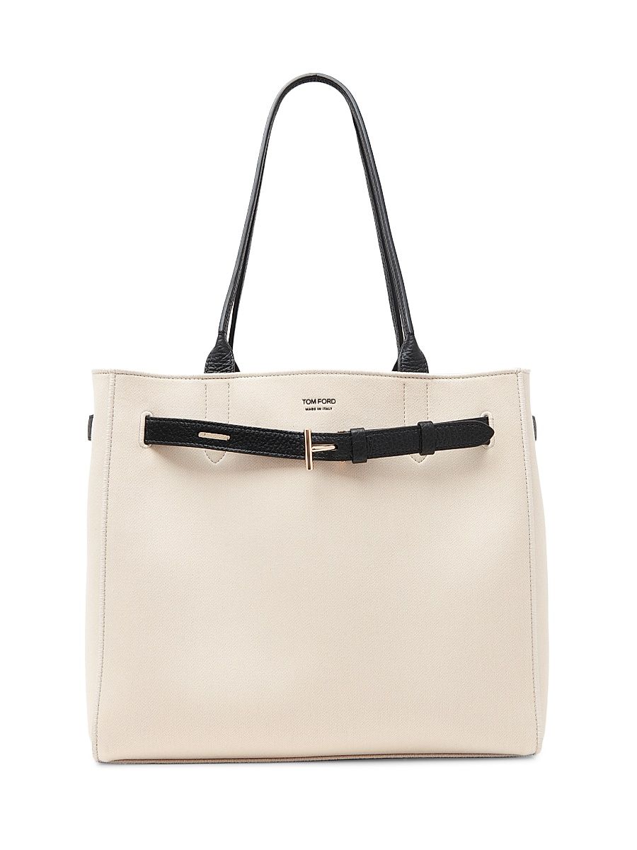 Women's Medium Audrey Leather-Trim Tote Bag - Ecru Black