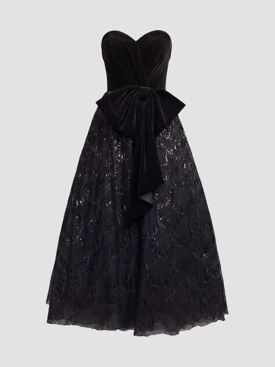 Mac Duggal Women's Sequined Strapless Velvet-Bow Midi Dress - Black - Size 14