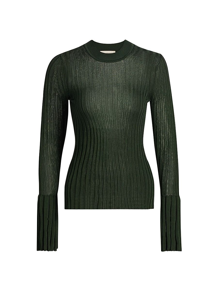 Women's Ribbed Bell-Sleeve Sweater - Dark Green - Size 8