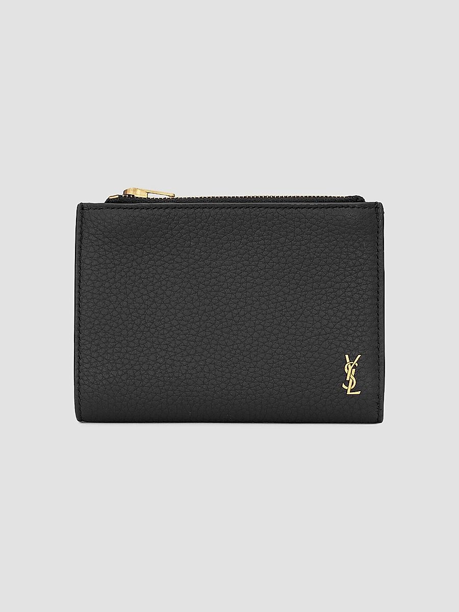 Saint Laurent Men's Tiny Cassandre Bi-Fold Wallet in Grained Leather - Black