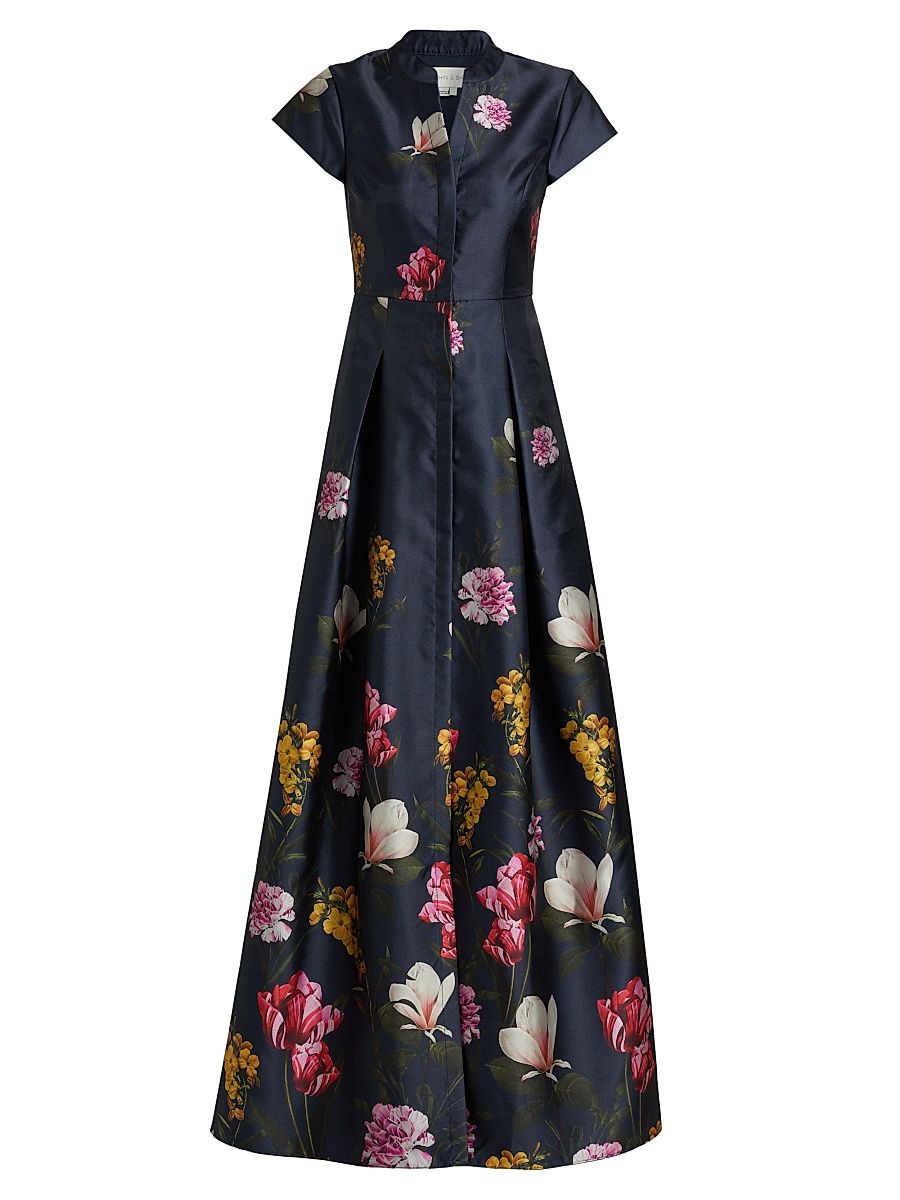 Women's Marta Floral Satin A-line Gown - Night Sky Blooming Garden - Size 6