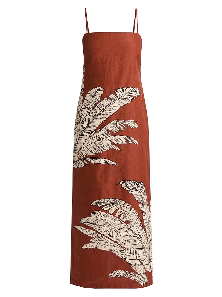 Women's Palm Linen-Cotton Midi-Dress - Terracotta - Size Large