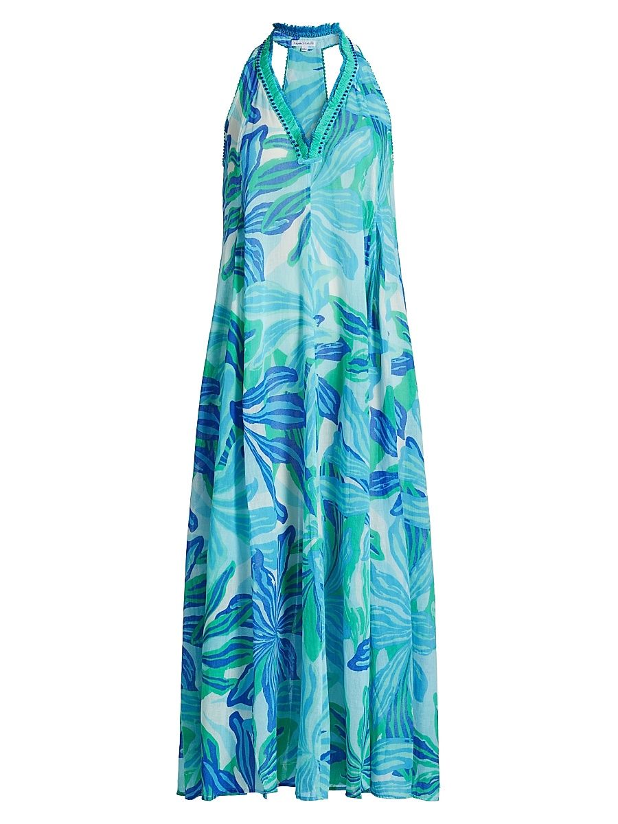 Women's Nava Embellished Floral Cotton V-Neck Maxi Dress - Blue Seaweed - Size XS
