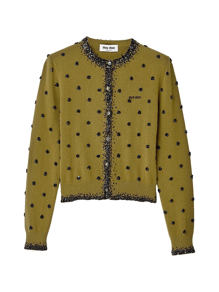 Women's Embroidered Cashmere Cardigan - Green - Size 8