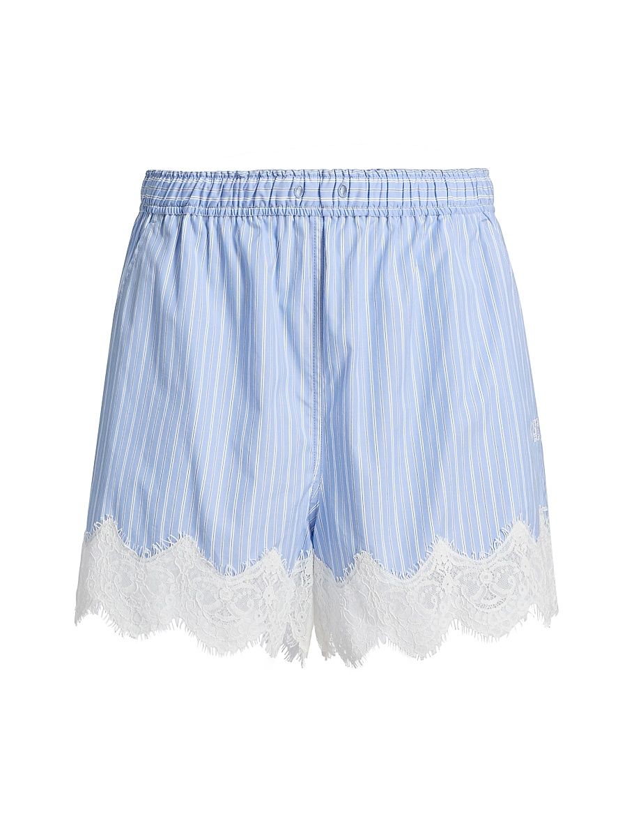 Women's Contrast Lace-Trim Poplin Boxer Shorts - Oxford Blue Stripe - Size XS
