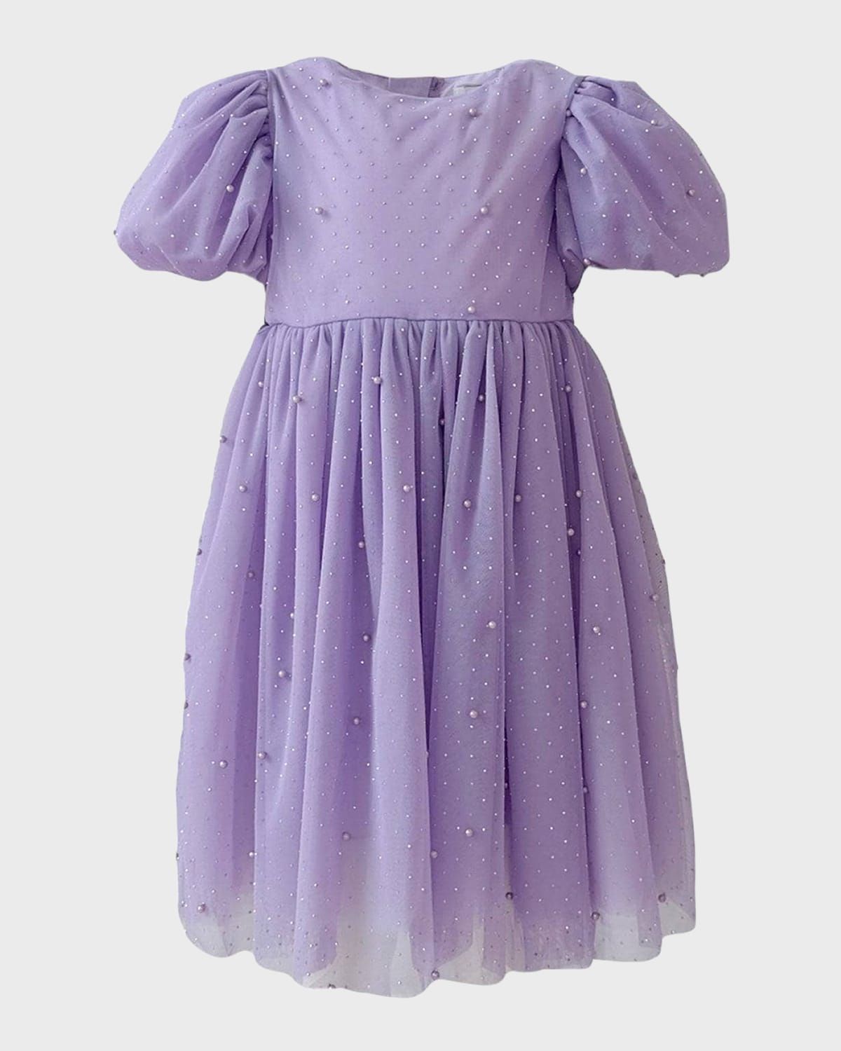Girl & apos;s Lavender Crystal Pearl Tulle Dress, Size 2-14