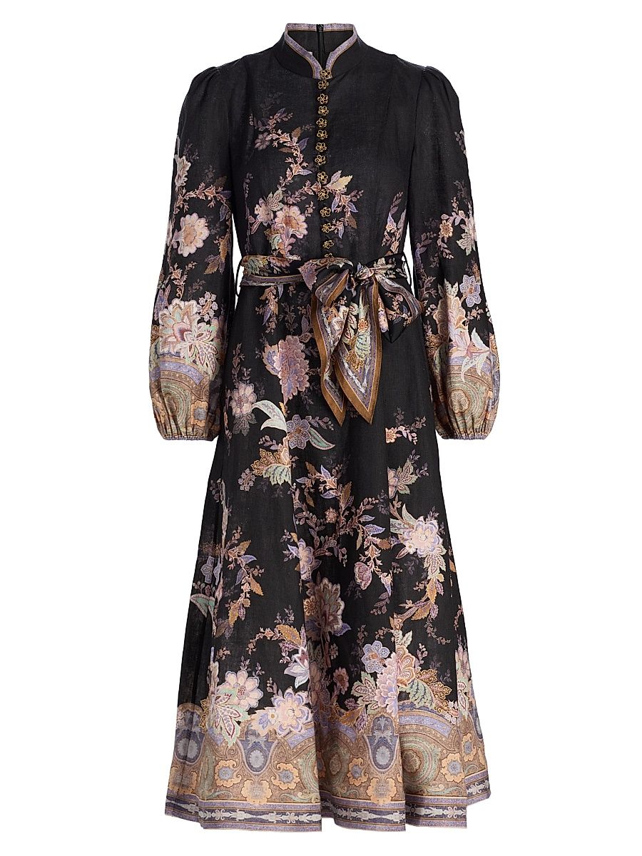 Women's Luna Floral Linen Midi-Dress - Midnight Paisley - Size 10