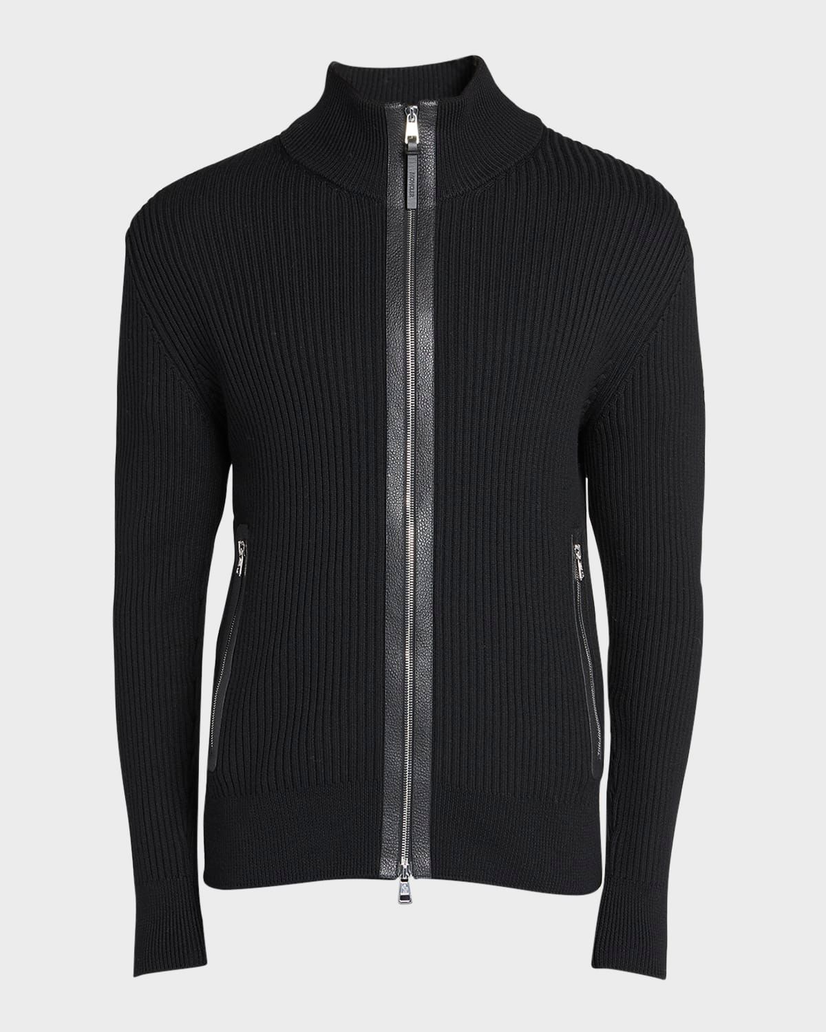 Men & apos;s Ribbed Cardigan with Leather Trim