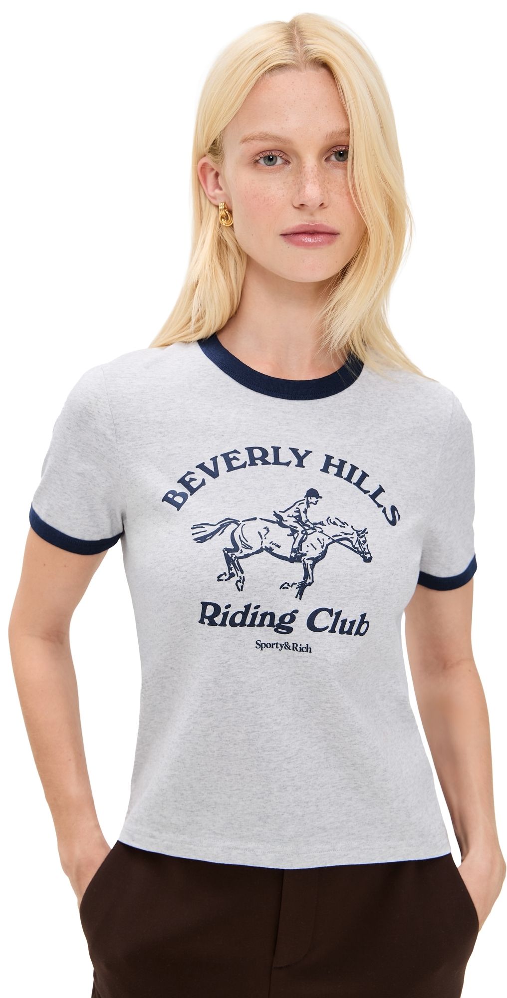 Sporty & Rich RH Riding Club Ringer Tee Heather Grey/Dark Navy S