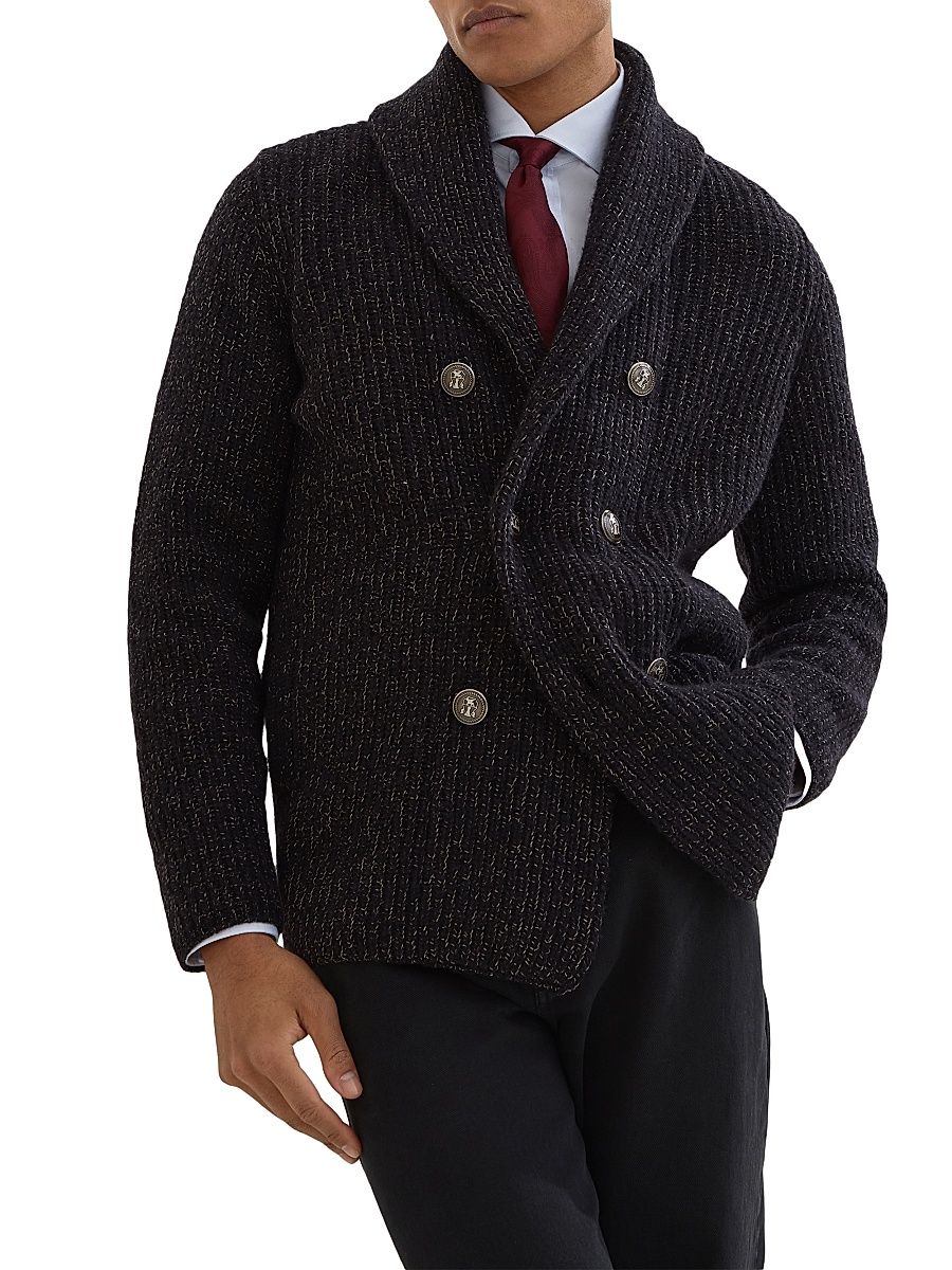 Men's Wool Blend Half English Rib One and a Half Breasted Cardigan - Black - Size 38