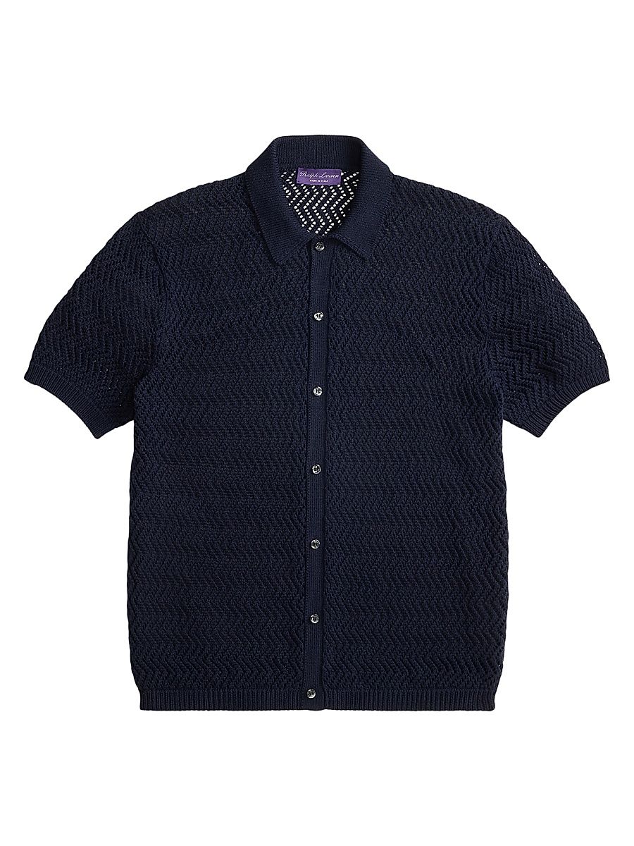 Men's Textured Open Knit Cotton Button-Front Shirt - Classic Chairman Navy - Size XL