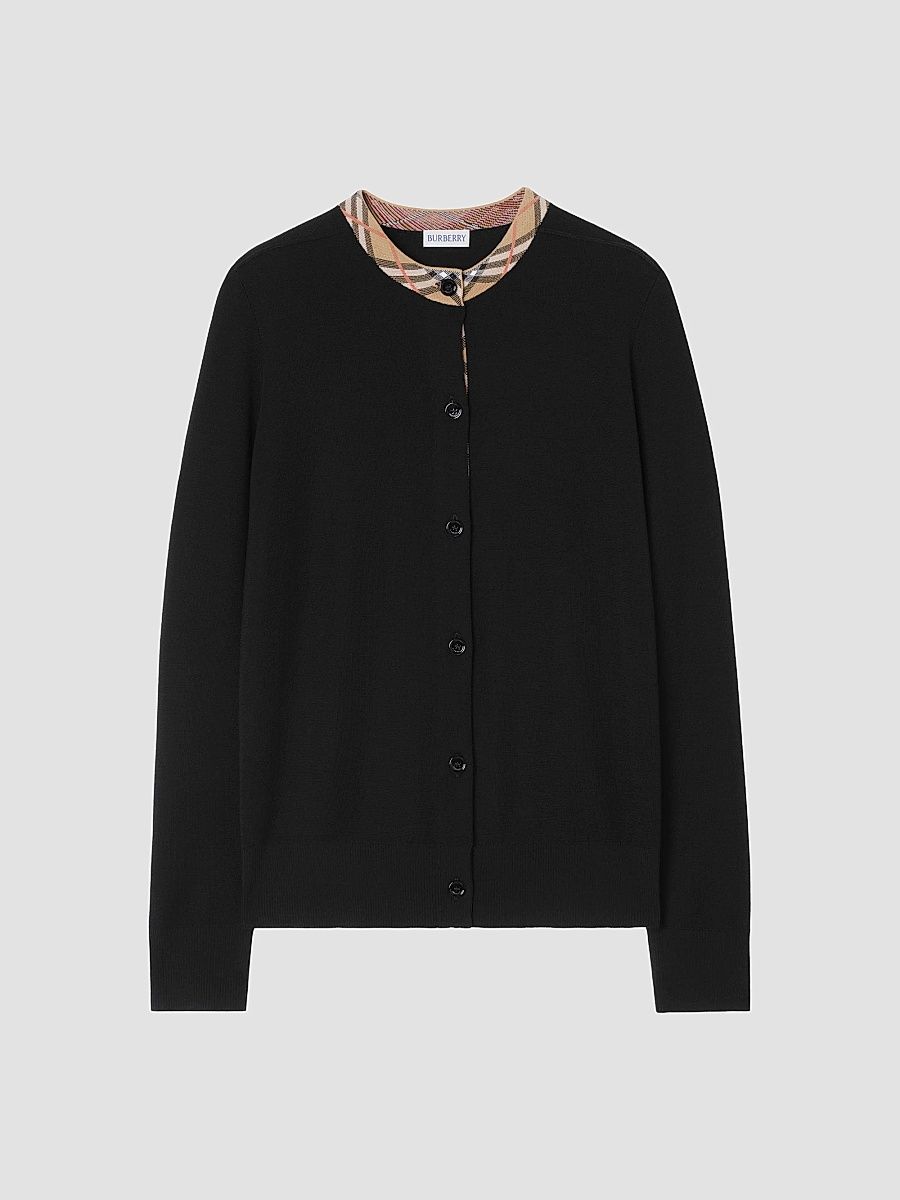 Burberry Women's Margot Check Trim Wool Cardigan - Black - Size XXS