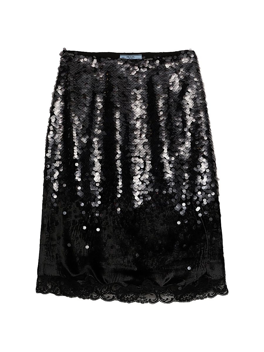 Women's Embroidered Velvet Midi-Skirt - Black - Size 4