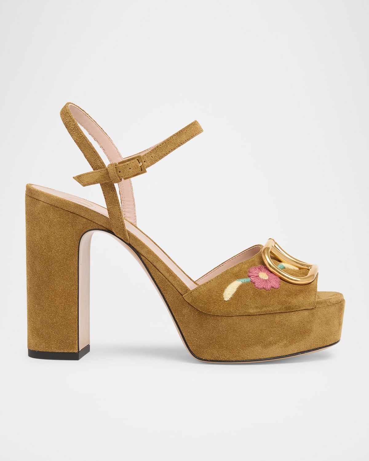 Floral Embroidered VLogo Suede Platform Sandals