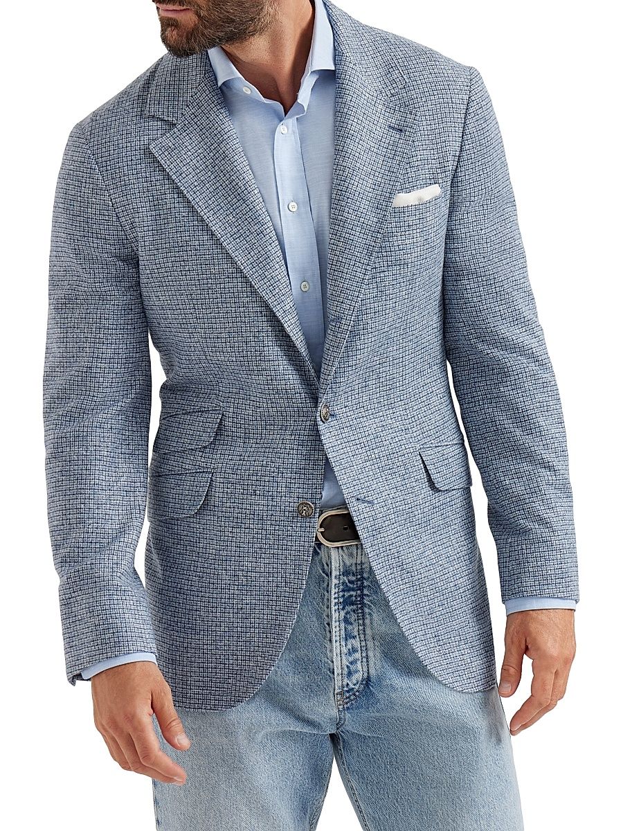 Men's Silk Blend Checked Flannel Deconstructed Cavallo Blazer - Denim - Size 42
