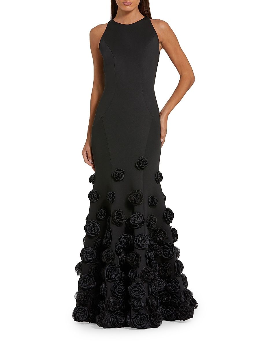 Women's Rose Appliqué Crêpe Mermaid Gown - Black - Size 12