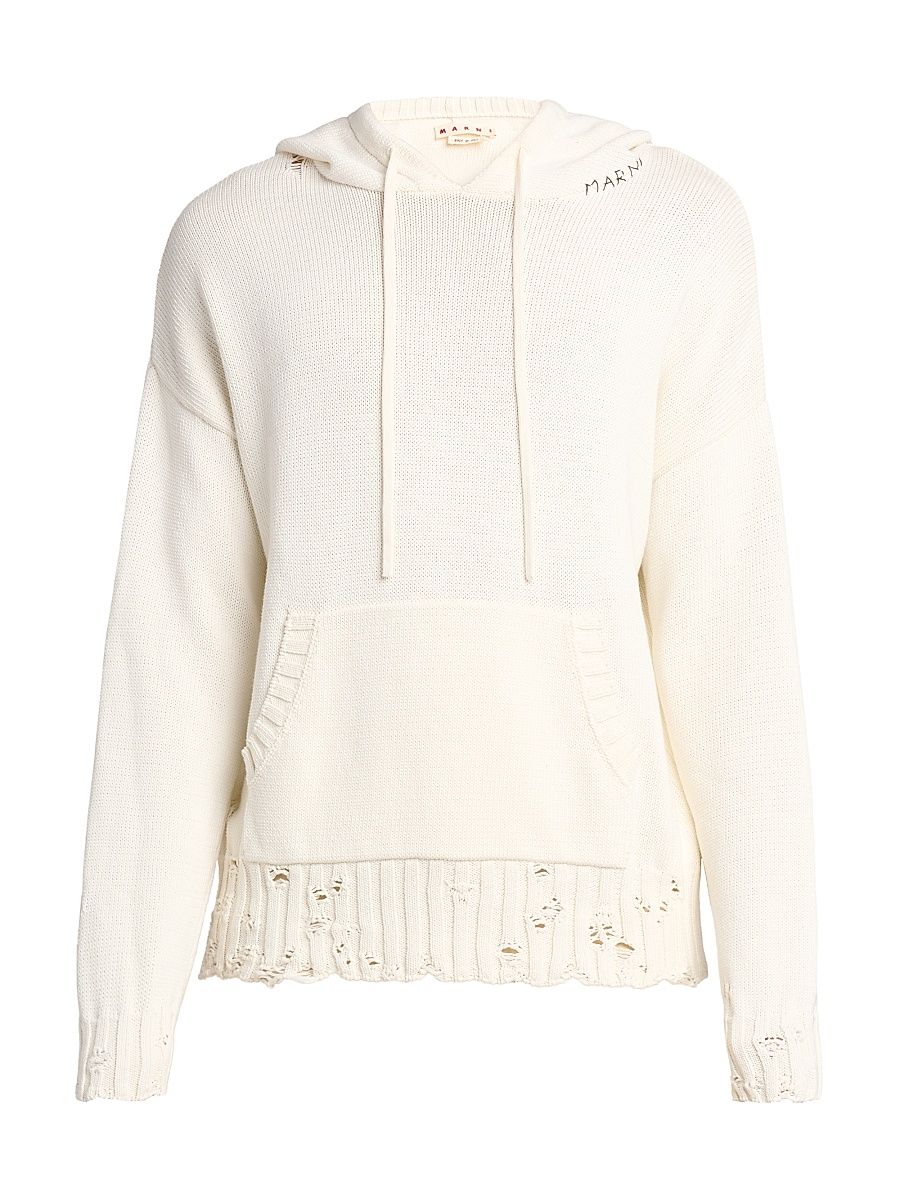 Men's Distressed Hooded Sweater - Lily White - Size 44