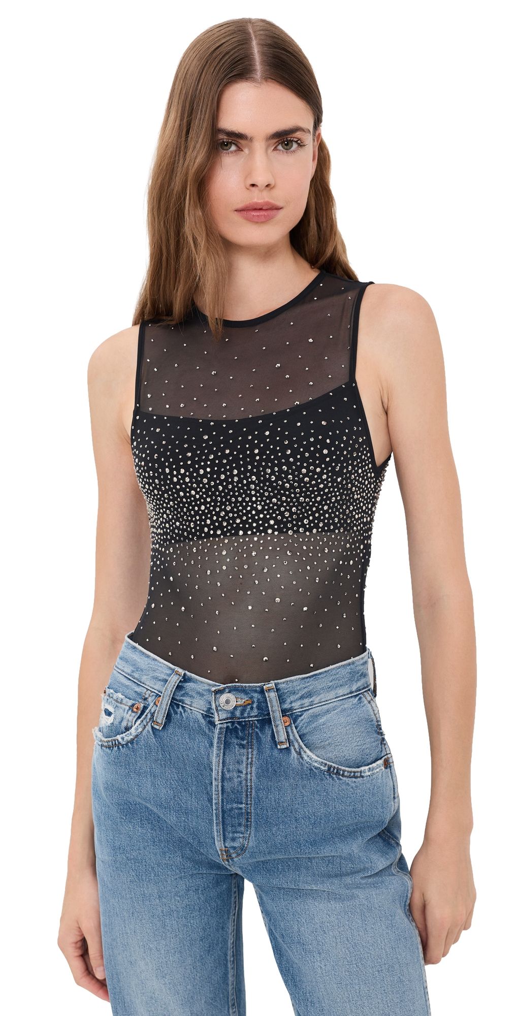 ALICE + OLIVIA Bandeau Embellished Thong Bodysuit Black/Hematite S