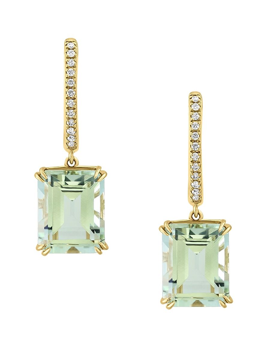 Women's 14K Yellow Gold, Green Amethyst & 0.09 TCW Diamond Drop Earrings - Green Amethyst
