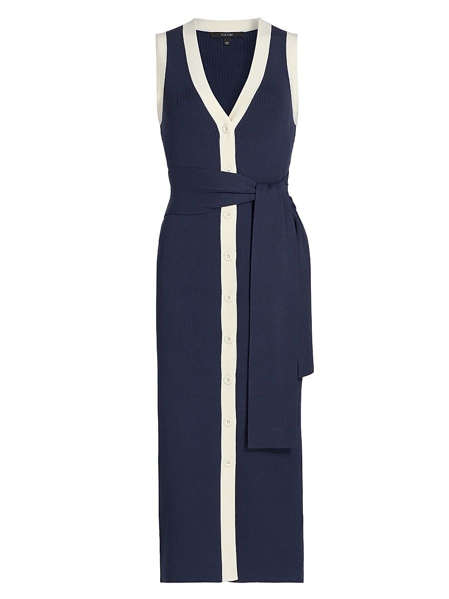 Women's Victoria Ribbed Sleeveless Midi-Dress - Navy Ivory - Size XL