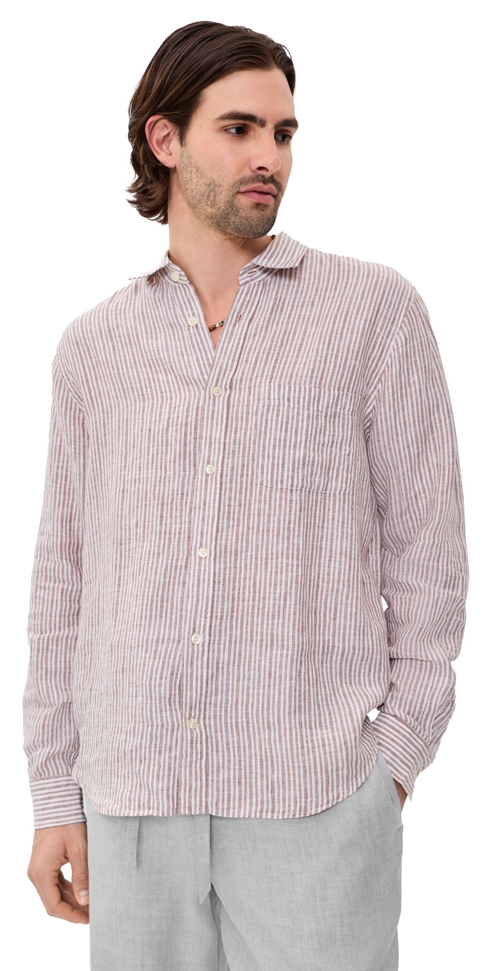 Frescobol Carioca Telles Linen Striped Shirt Caramel L