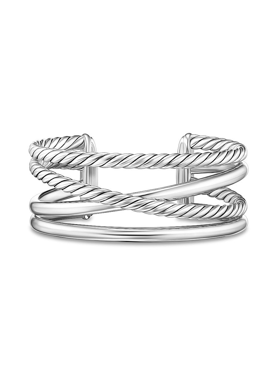 Women's Bold Crossover Multi Row Cuff Bracelet in Sterling Silver, 24.4MM - Silver - Size Medium