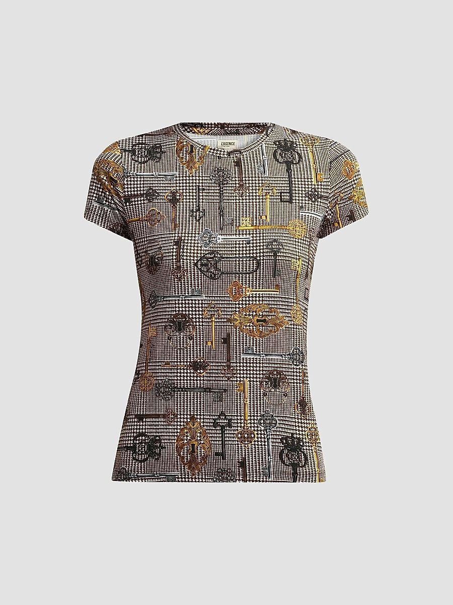 L'AGENCE Women's Ressi Key Houndstooth T-Shirt - Brown Houndstooth Key - Size Large