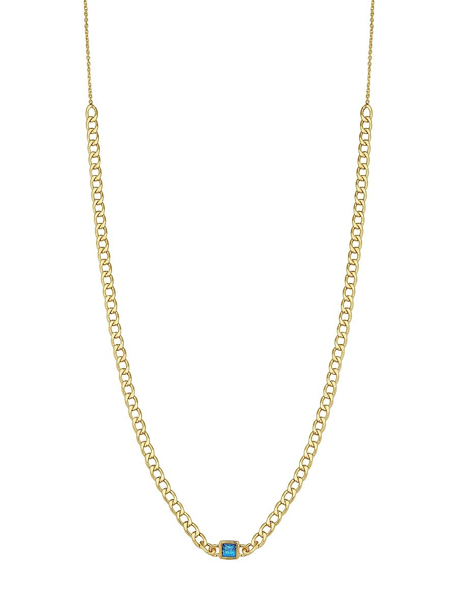 Women's 14K Yellow Gold Dazzle Me Curb Choker Necklace - Blue Zirconia - Size 14