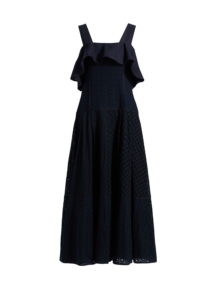 Women's Broderie Anglaise Patchwork Midi-Dress - Midnight - Size 12