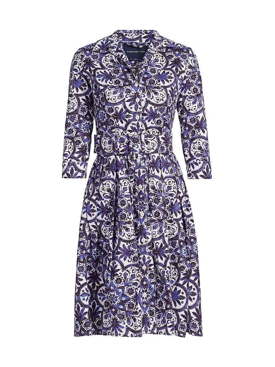 Women's Audrey Marakesh Tile Cotton Shirtdress - Marakesh White Cobalt Blue - Size 4