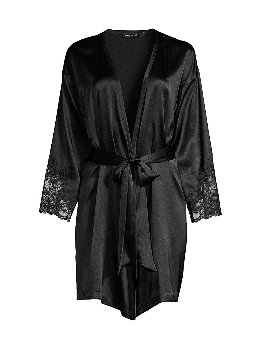 Women's Josie Natori Sleek Lace-Accent Stretch Silk Wrap - Black - Size Medium