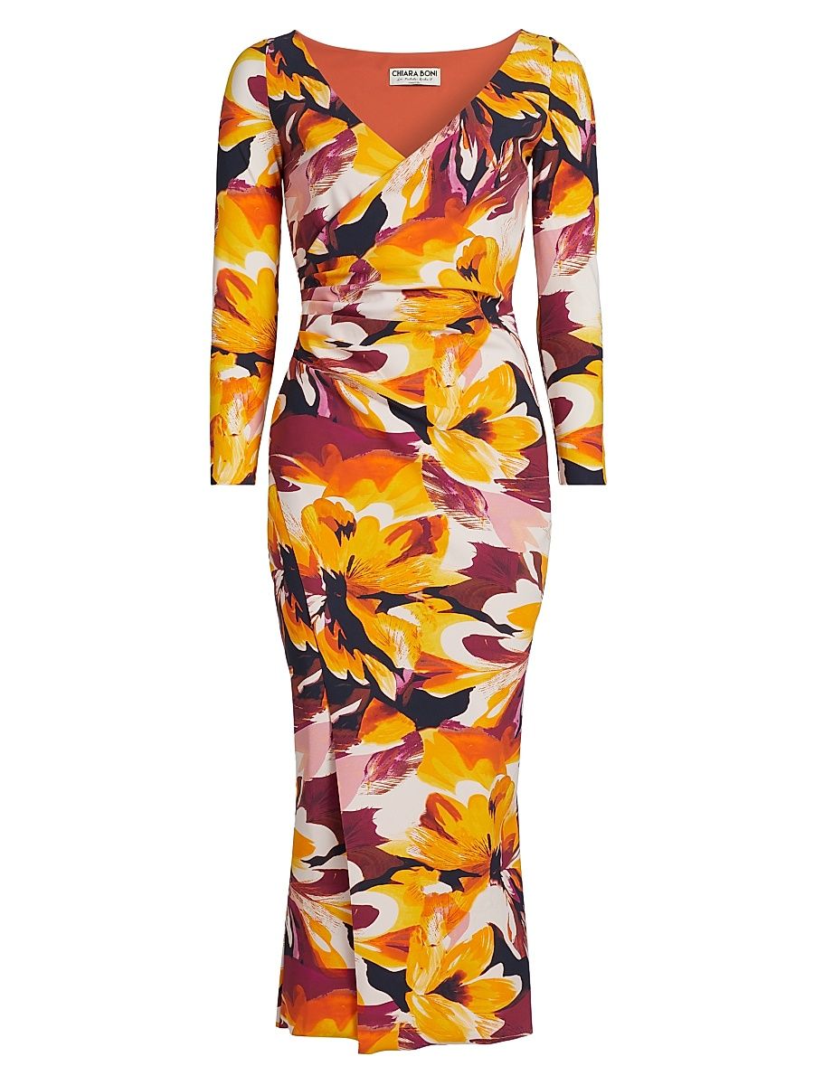 Women's Yoon Floral Surplice-Neck Midi-Dress - Abstract Flower Brown - Size 8