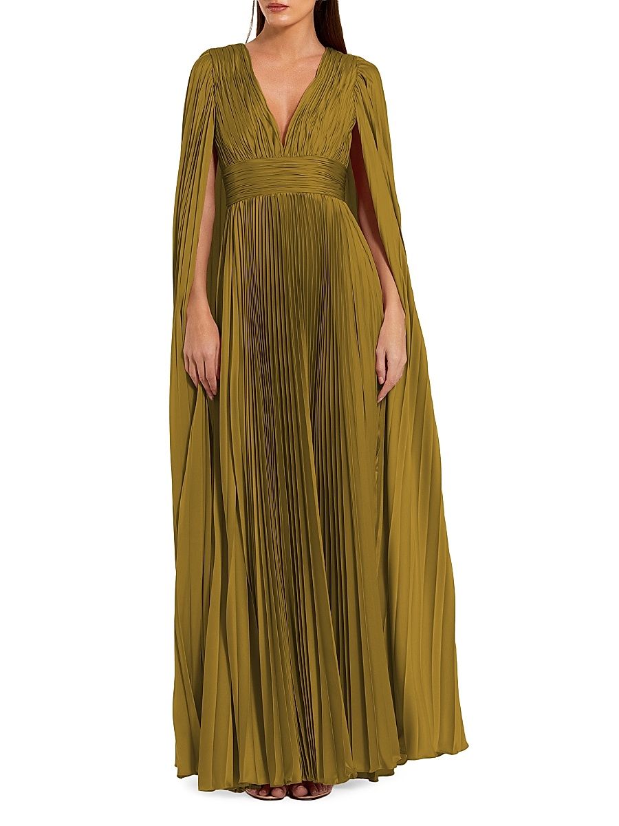 Women's Petite Ieena 1 Pleated Satin A-Line Cape Gown - Chartreuse - Size Petite 12