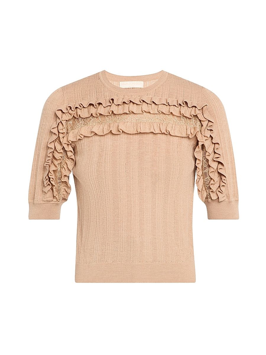 Women's Salima Ruffled Merino Wool Top - Brown Pattern - Size XL