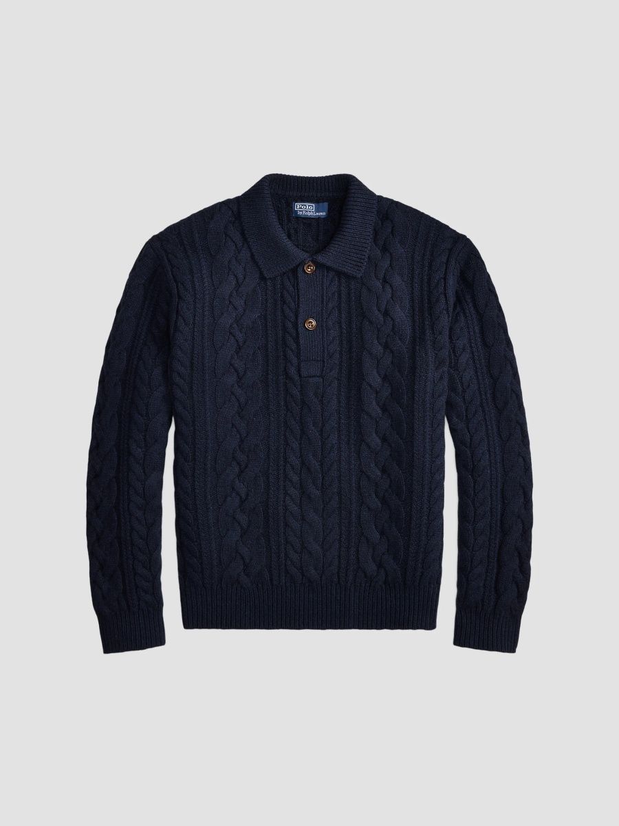 Polo Ralph Lauren Men's Aran-Knit Wool-Blend Polo-Collar Sweater - Glaucus Navy - Size Large