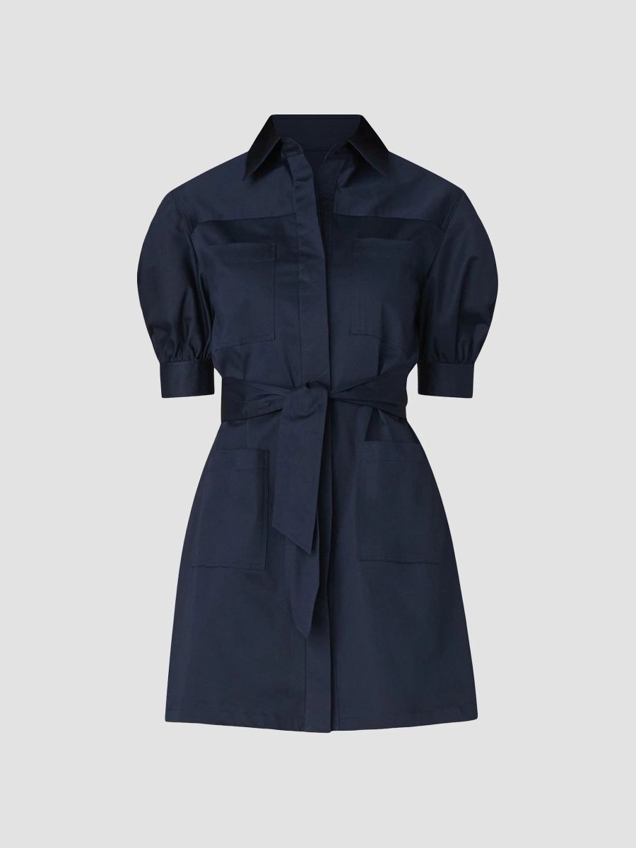 Shoshanna Women's Vince Cotton Sateen Tie-Waist Shirtdress - Navy - Size 2