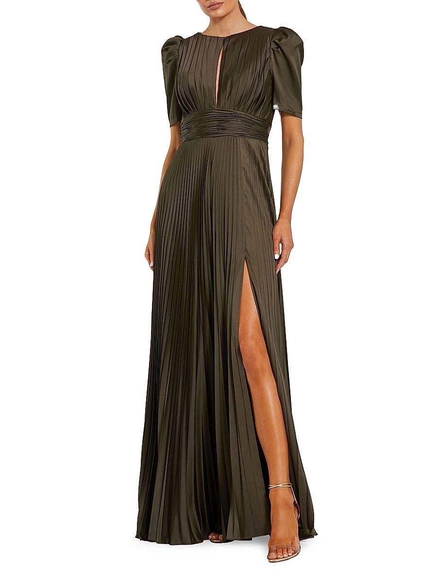 Women's Pleated Charmeuse Short-Sleeve Gown - Olive - Size 18