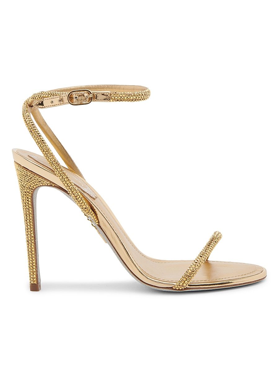 Women's 105MM Crystal-Embellished Satin & Leather Sandals - Golden Satin Calf Aurum Strass - Size 11
