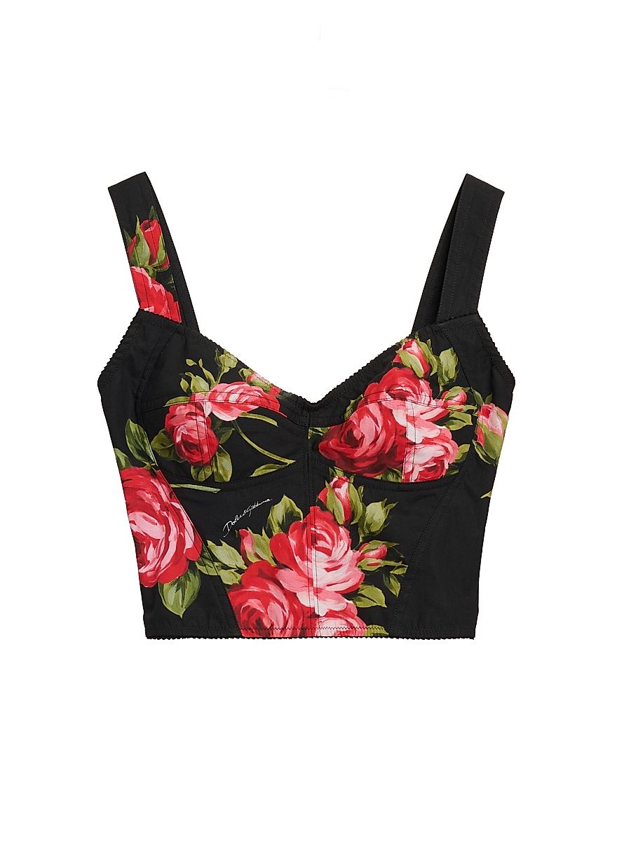 Women's Rose Cotton-Blend Crop Top - Bouquet Rose F Nero - Size 14