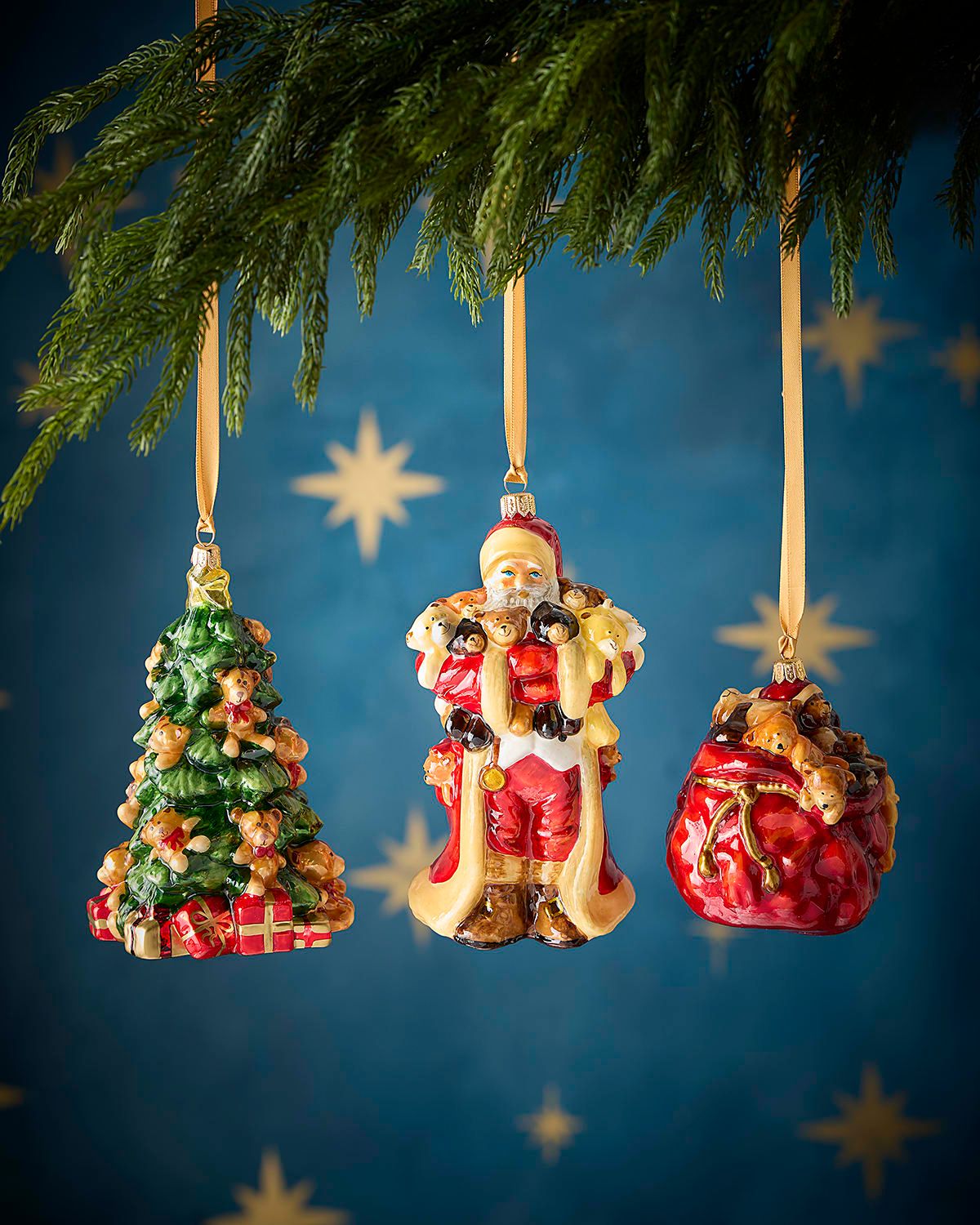 Santa with Bears Christmas Ornaments, Set of 3